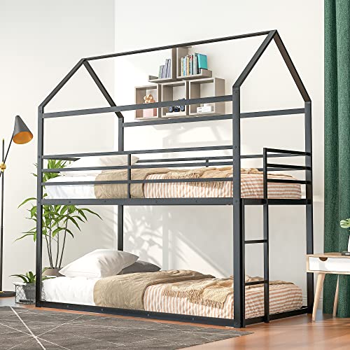 Knocbel Metal Floor Twin-Over-Twin Bunk Bed House Bed Canopy Bed with Built-in Ladder and Easy Access Guardrails, 78.1