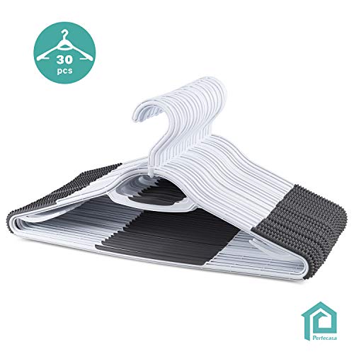 Extra Non Slip Plastic Clothes Hangers 30 Pack, with Sure Grip Rubber, 360 Degree Swivel Hook, Space Saving (Steel Blue/Cool Grey)