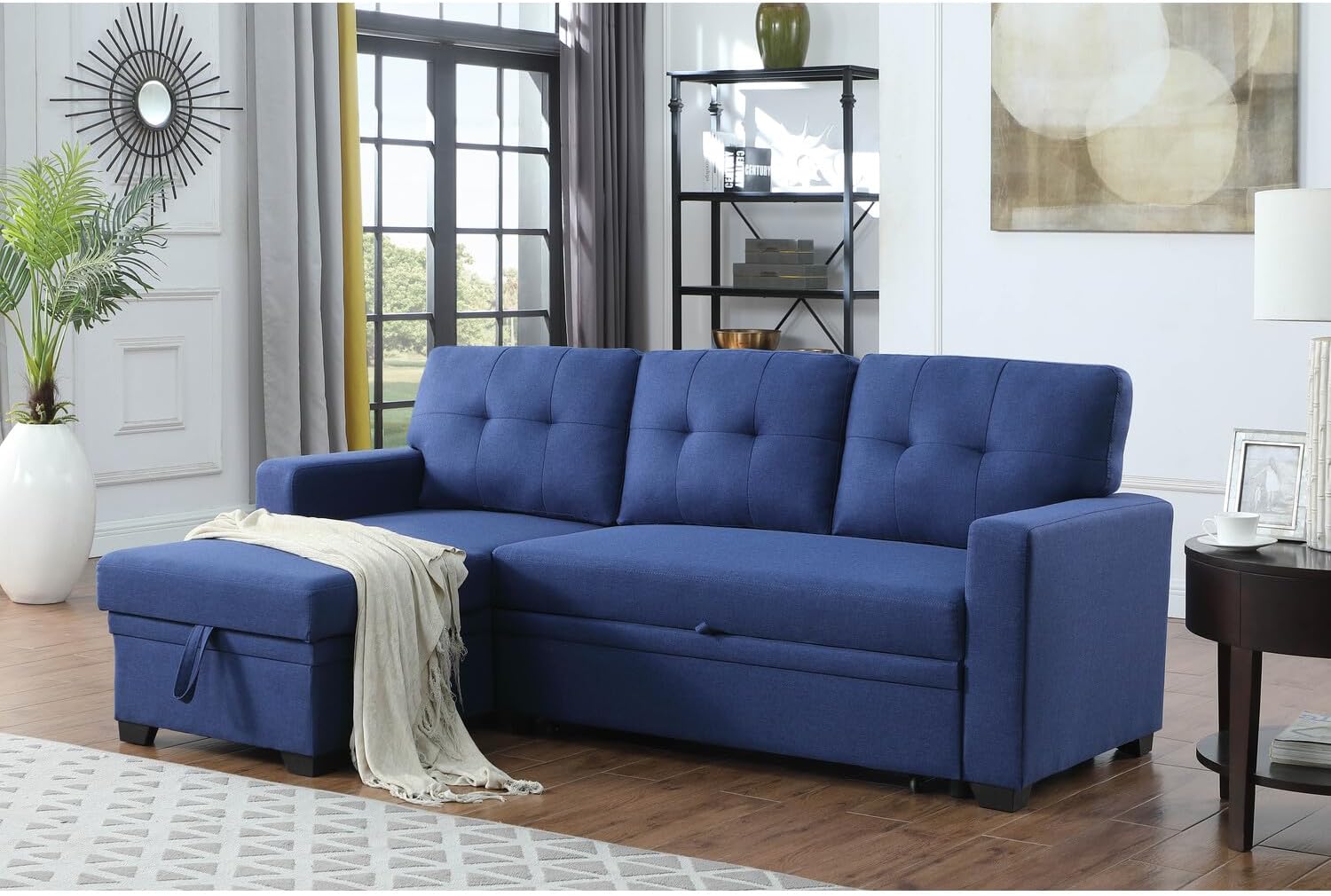 Devion Furniture Polyester Fabric Reversible Sleeper Sectional Sofa-Blue