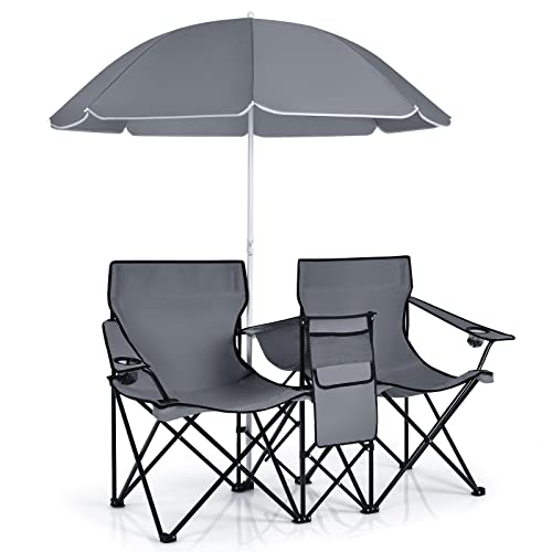 Giantex Double Camping Chairs Folding Picnic Chairs w/Removable Umbrella Carry Bag Cooler Bag Table Cupholders for Patio Beach Picnic Outdoor Portable Foldable Beach Chair (Grey)