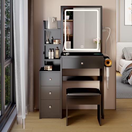 Vanity Desk with Mirror and Lights, Wooden Makeup Table Set with 5 Drawers,7 Storage Shelves and 1 Chair, Modern Dressing Table with Power Outlet for Bedroom, Black