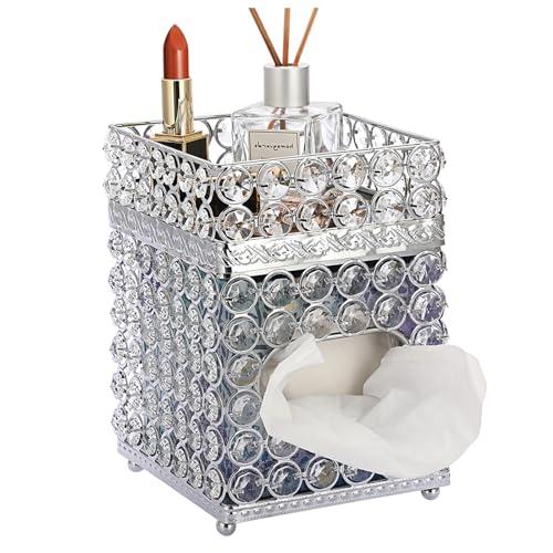 Sumnacon Square Tissue Box Cover- Crystal Cube Tissue Box with Storage Tray, Stylish Tissue Box Holder for Bathroom Bedroom Living Room Table Desk Home Office,Silver