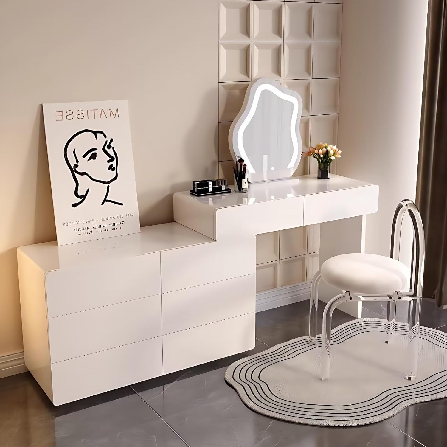 Luxury Vanity Desk - Baking Varnish Makeup Vanity with Smart LED Lights Mirror and 8 Drawers, Modern, Bedroom Solid Wood Vanity Include Makeup Chair, Suitable for Her (White,39'')