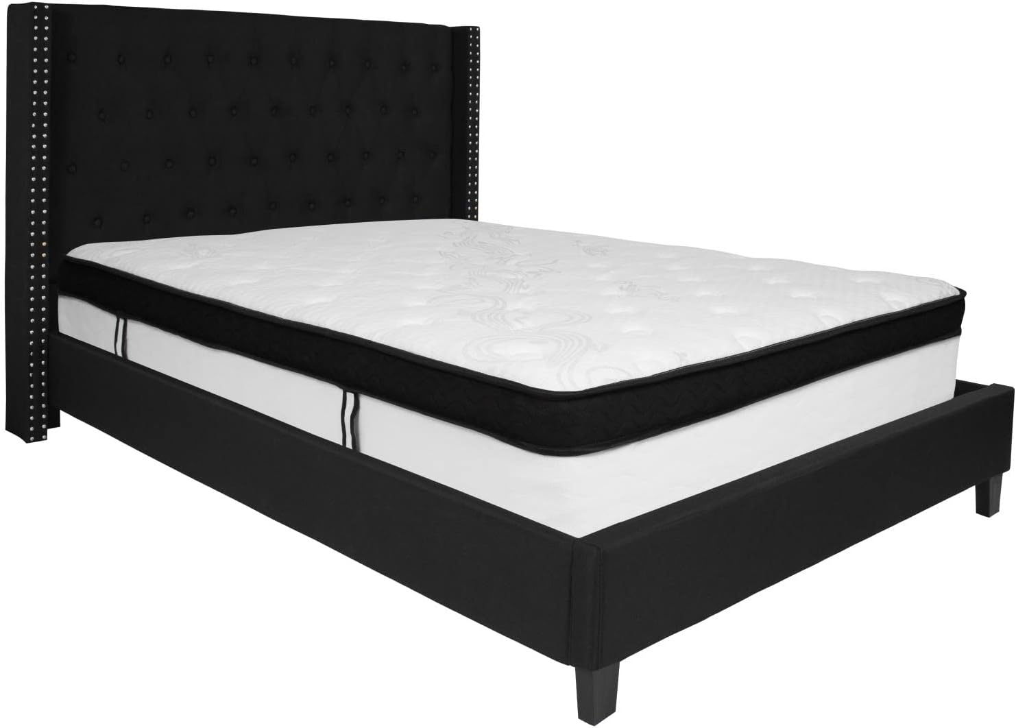 Flash Furniture Riverdale Queen Size Tufted Upholstered Platform Bed in Black Fabric with Memory Foam Mattress