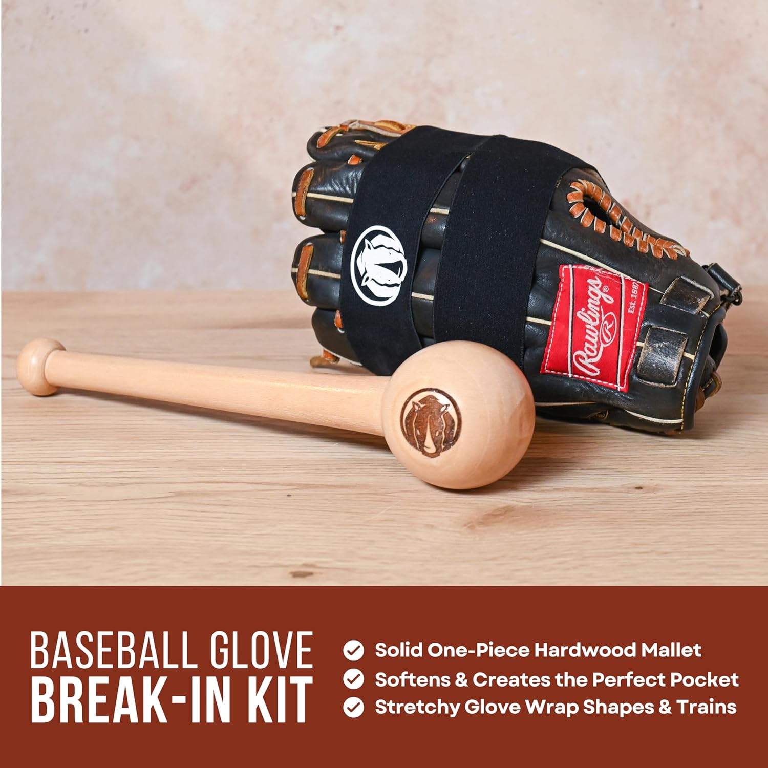 Baseball Glove Break in Kit - Includes Baseball Glove Mallet and Glove Wrap - Speeds Up Breakin Time - Creates The Perfect Pocket - Solid One-Piece (No Glue) Maple Hardwood Construction