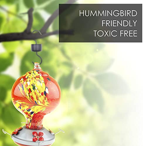 Hummingbird Feeder with Perch | Hand Blown Globe Glass in Green | 29 Fluid Ounces Humming Bird Nectar Capacity with Hanging Metal Wires and Ant Moat Hook