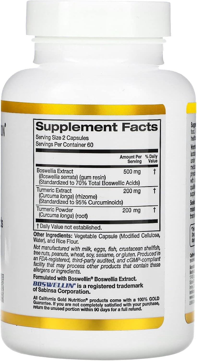 California Gold Nutrition Boswellia Extract, Plus Turmeric Extract, 500 mg, 120 Veggie Capsules (250 mg per Capsule)