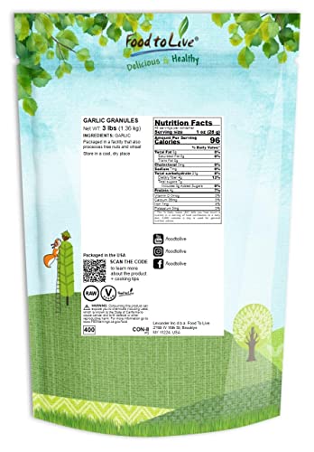 Food to Live Granulated Garlic, 1 Pound –Dried Coarse Garlic Granules, Raw, Vegan, Bulk Spice. High in Vitamin B, Dietary Fiber, Selenium. Great Seasoning for Cooking, and Baking. Pure Garlic Flavor