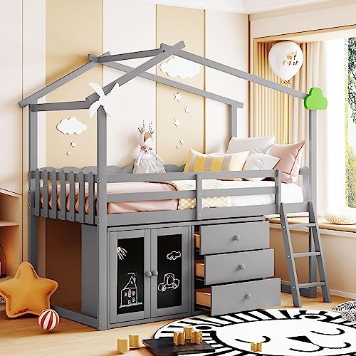 Twin Size House Bed with Roof, Windmill and Cloud Decors, Functional Wood Bed with Cabinet, 3 Storage Drawers, Black Board, Built-in Ladder and Guardrails, 75.4