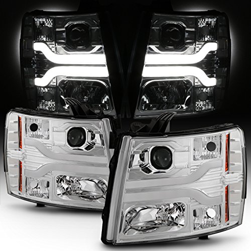 AKKON - For GMT900 Chevy Silverado Pickup Truck Dual LED Tube DRL Chrome Clear Projector Headlights Pairs Lamps