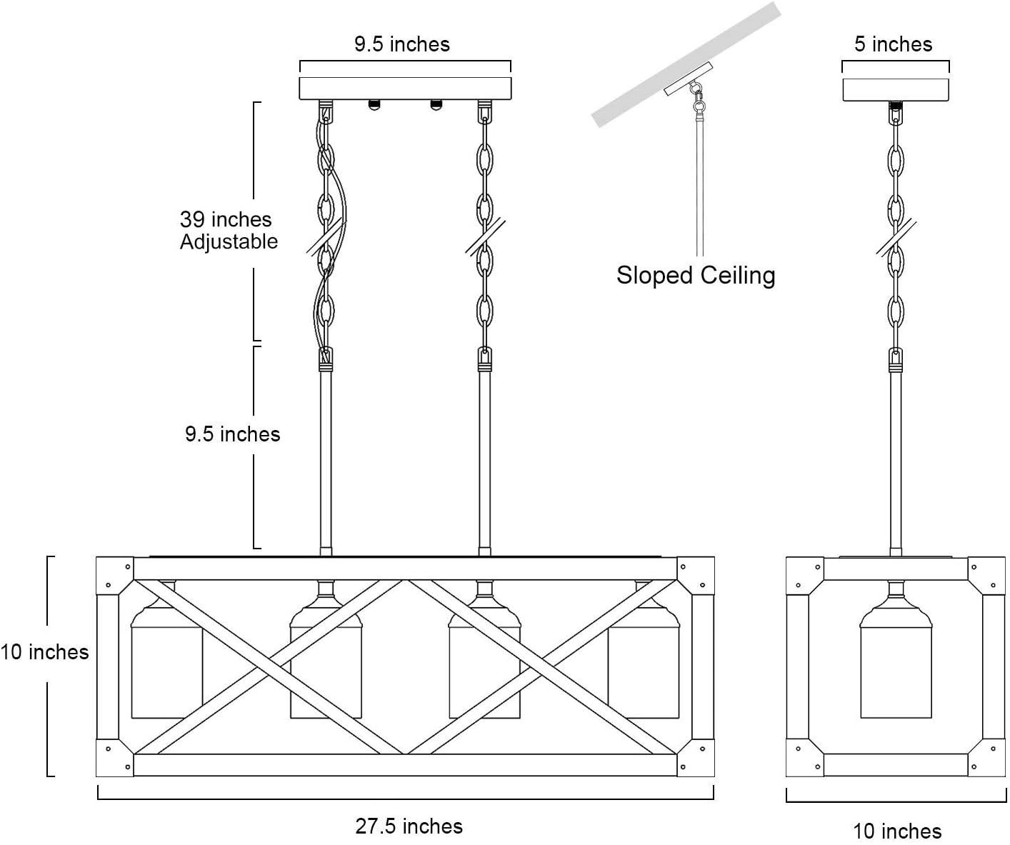 LNC Farmhouse Chandelier, 4-Light Dining Room Light Fixture, Rectangular Chandelier with Frosted Glass Globes, 27.5” L, Brown
