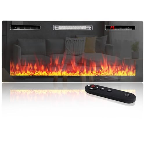 BOSSIN 72 inch Ultra-Thin Silence Linear Mirrored Electric Fireplace, Recessed Wall Mounted Fireplace,750w/1500w, 12 Adjustable Flame Color & Speed,with Timer/Touch Screen Remote