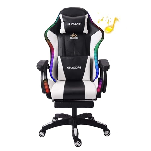 Ergonomic Video Game Chair with Massage,Adult Computer Chair with Footrest,Ergonomic Massage Computer Gaming Chair,with Headrest and Lumbar Pillow,Pu Leather,for Office Or Gaming,White