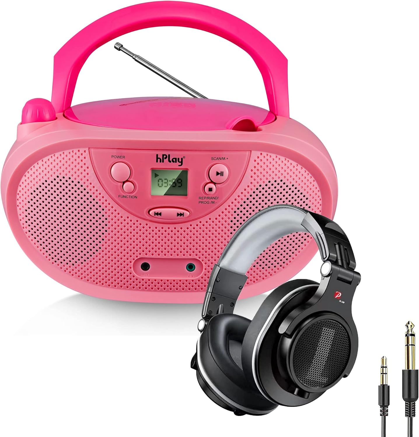GC04 Portable CD Player Boombox with AM FM Stereo Radio Kids CD Player LCD Display, Front Aux-in Port and Headphone (Gray), Supported AC or Battery Powered- Pastel Pink