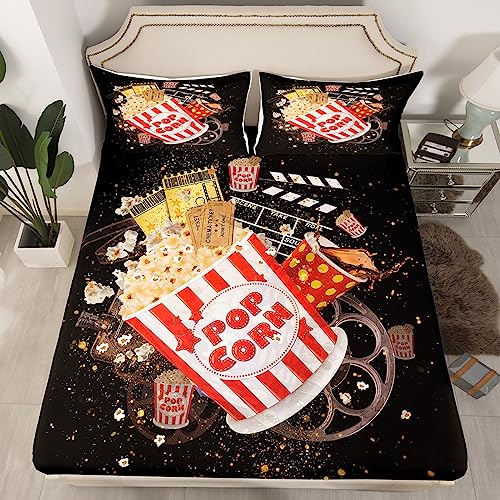Movie Theater Decor Bed Sheet Set Twin Size Movie Night Fitted Sheet for Kids Boys Girls Decor Cinema Bedding Set Old Fashion Home Theater Bed Cover Bedroom