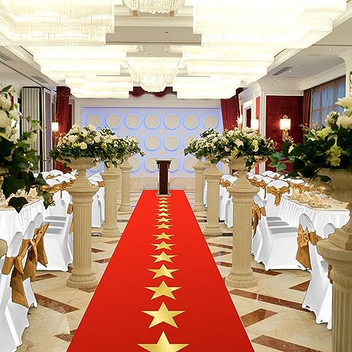 Disposable Red Plastic Carpet Runner for Party Movie Night Red Carpet with Golden Star Red Runner Rug for Floor Stage Stairs Birthday Wedding Theme Decoration Prom Decor(3.28 x 32.8 ft)