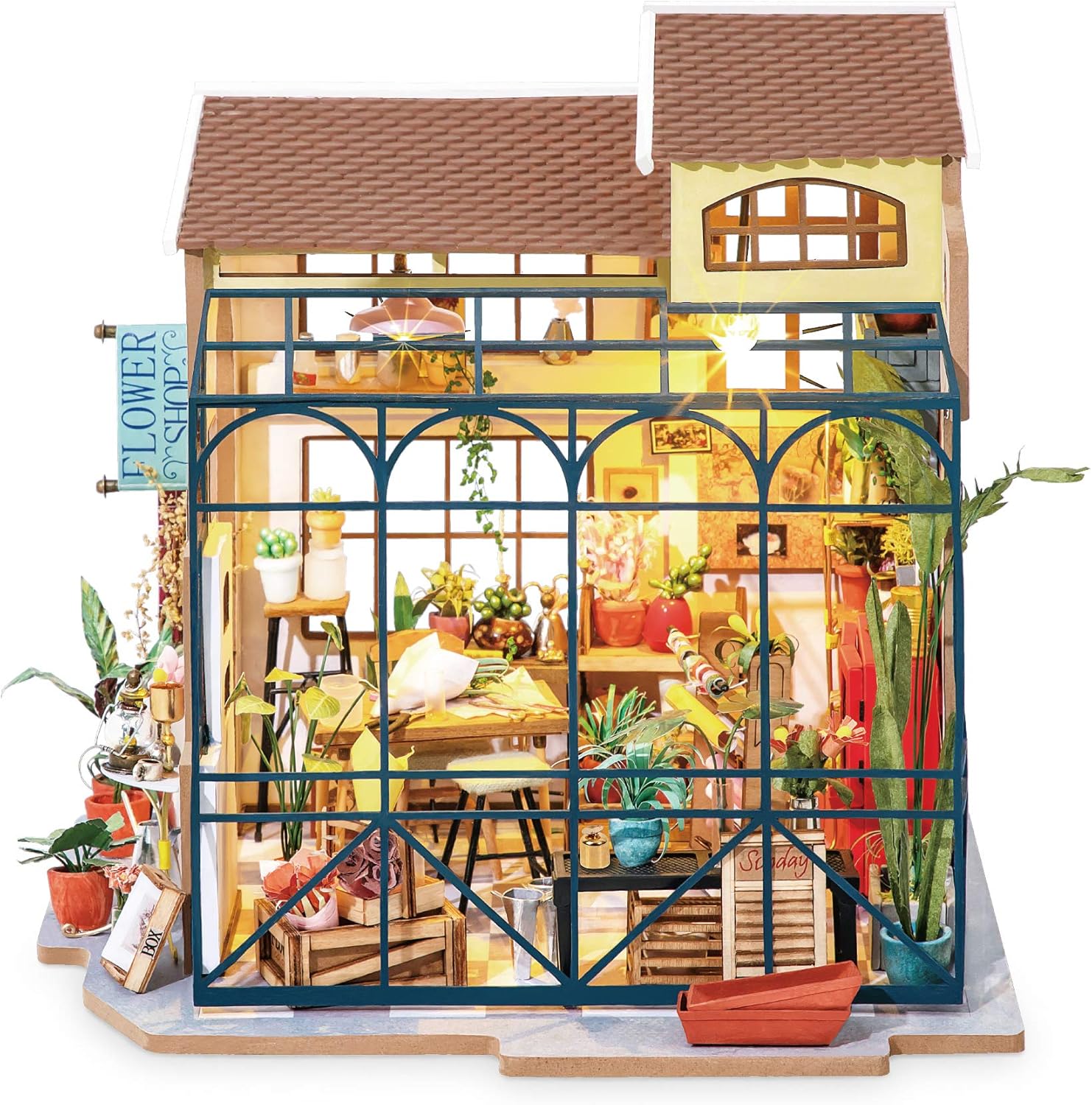 Hands Craft DIY Miniature Dollhouse Kit - Emily's Flower Shop 3D Model Tiny House Building with LED Lights Wood Prefabricated Pieces Puzzle 1:24 Scale Crafts for Adults and Teens DG145