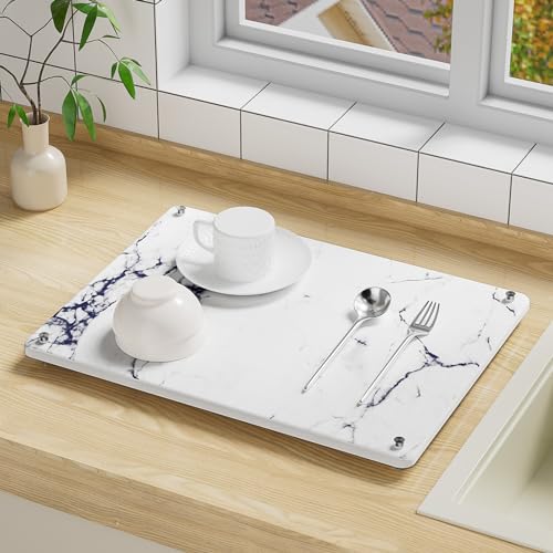 Stone Dish Drying Mat for Kitchen Counter, Easy to Clean,Non-Slip,Quick Drying Dish Drying mat, Heat Resistant Diatomaceous Earth Thick Mat Dish 16 X 12in (Marble-Dark Blue)