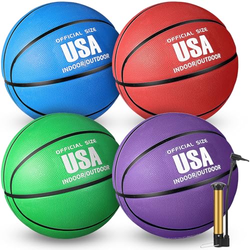 4 Pack Basketballs Official Size Rubber Basketballs for Kids Women or Men with Pump for Indoor Outdoor School Basketball Game Street Ball Training