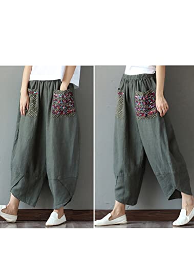 Minibee Women's Baggy Linen Wide Leg Trousers Casual Patchwark Elastic Waist Harem Pants