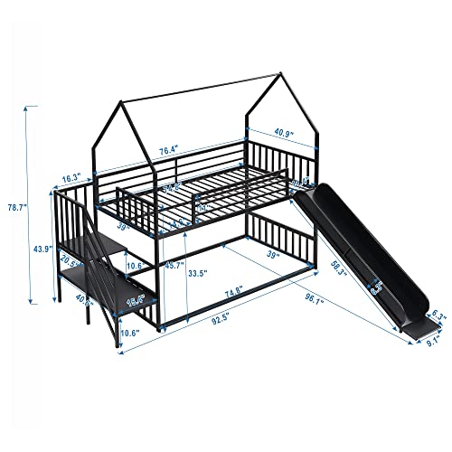 Twin Over Twin Metal Bunk Bed House Shaped Bed with Convertible Slide and Built-in Staircase,​ Sturdy Metal Frame & Full-Length Guardrails for Safety, 92.5