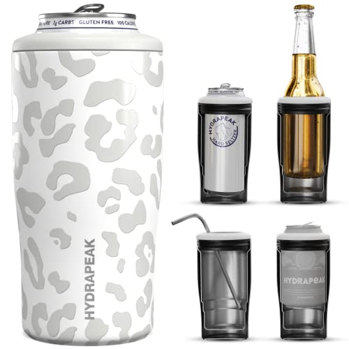 Hydrapeak 4-in-1 Insulated Bottle and Can Cooler - Fits 12 oz Slim Cans, Standard 12 oz Cans, and 12oz Beer Bottles | Stainless Steel Double Wall Vacuum Insulated Universal Can Cooler (Black Leopard)