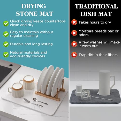 HBlife Stone Dish Drying Mat for Kitchen Counter, Dries Instantly, Ultra Absorbent, Heat Resistant Dish Drying Mat (16x12inches,White Marble)