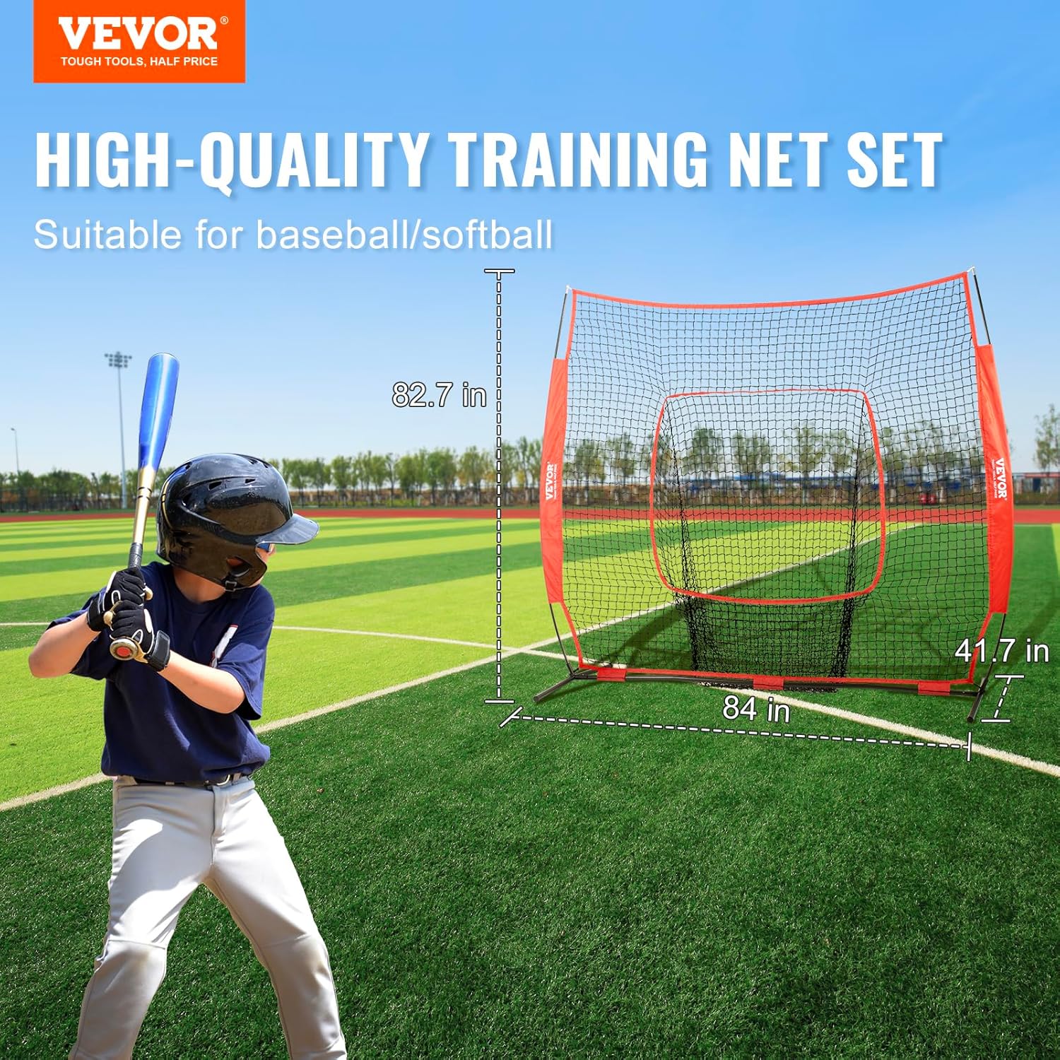 VEVOR 7x7 ft Baseball Softball Practice Net, Portable Baseball Training Net for Hitting Batting Catching Pitching, Backstop Baseball Equipment Training Aids with Carry Bag and Strike Zone