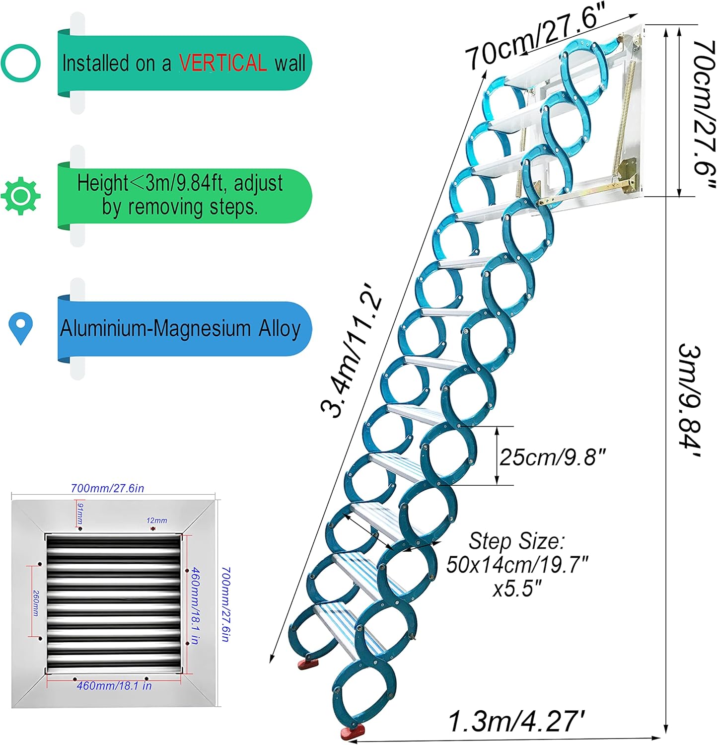 TECHTONGDA Folding Ladder Attic Loft Pull Down Ladder Stairs 12 Steps Wall Mounted Folding Stairs Al-Mg Alloy 9.8ft Height Attic Stairs Blue Retractable Attic Steps Loft Ladder with Armrests