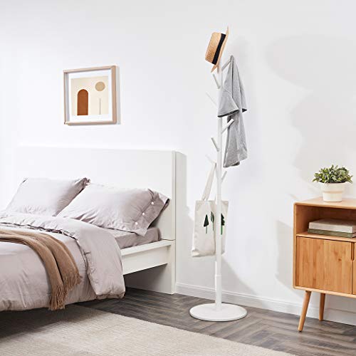 Vicllax Free Standing Coat Rack 8 Hooks Wood Clothes Hanger Stand Coat Tree (White)