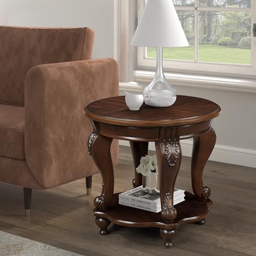 Amposei Traditional Vintage Round End Side Table 22-Inch Wood Bedside Table Chair Sofa Side Table Night Stand for Living Room Bedroom, Easy Assembly, Light Espresso