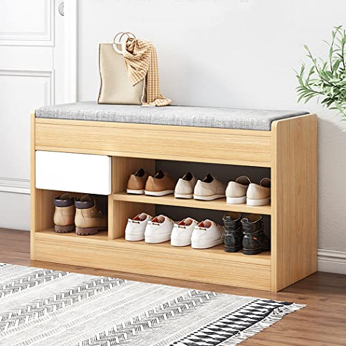 2-Tier Shoes Bench with Hidden Storage Cabinet and Cushioned Seat, Entryway Wooden Shoe Rack Shoe Storage Cupboard with Drawer for Living Room Hallway, Space Saving, 80 * 30 * 45/52CM,B