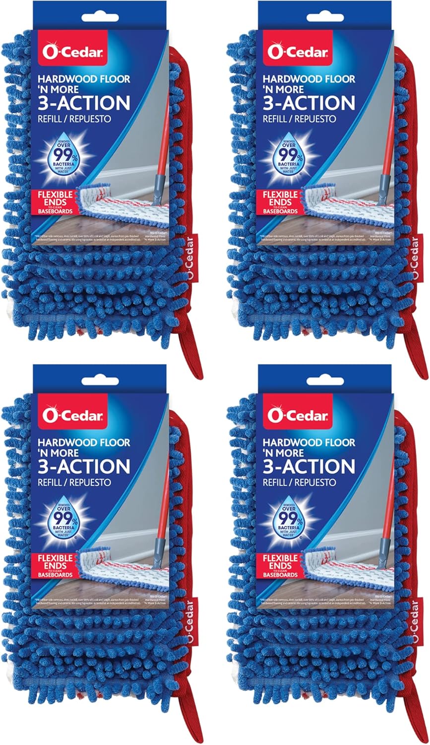 O-Cedar Hardwood Floor 'N More Microfiber 3-Action Flip Mop Refill (Pack of 4) | Double-Sided Mop Head w/Microfiber & Chenille | Reusable, Machine-Washable Mop Head Replacement