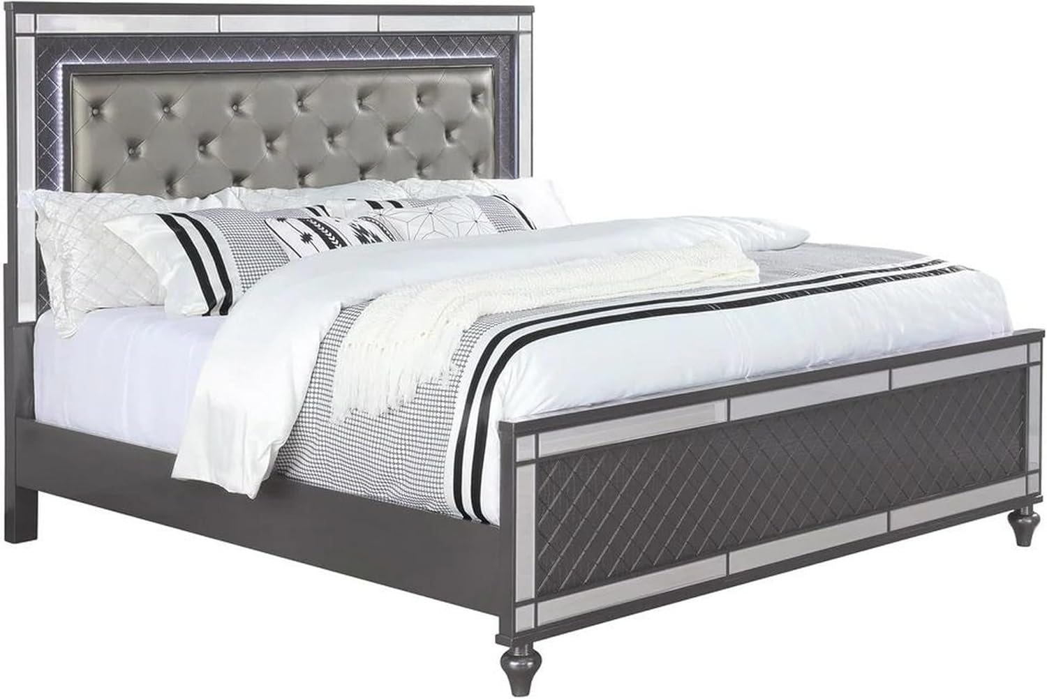Benjara Reff Queen Size Bed, Button Tufted Fabric Upholstery, Modern Wood, Gray and Silver