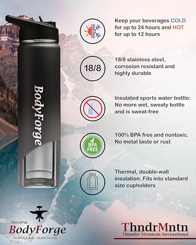 BodyForge Sports Water Bottle - 24oz, 3 Lids & Straw Lid, Leak Proof Stainless Steel Gym & Sport Bottles for Men, Women & Kids - Double Walled, Insulated Thermos, Metal Canteen