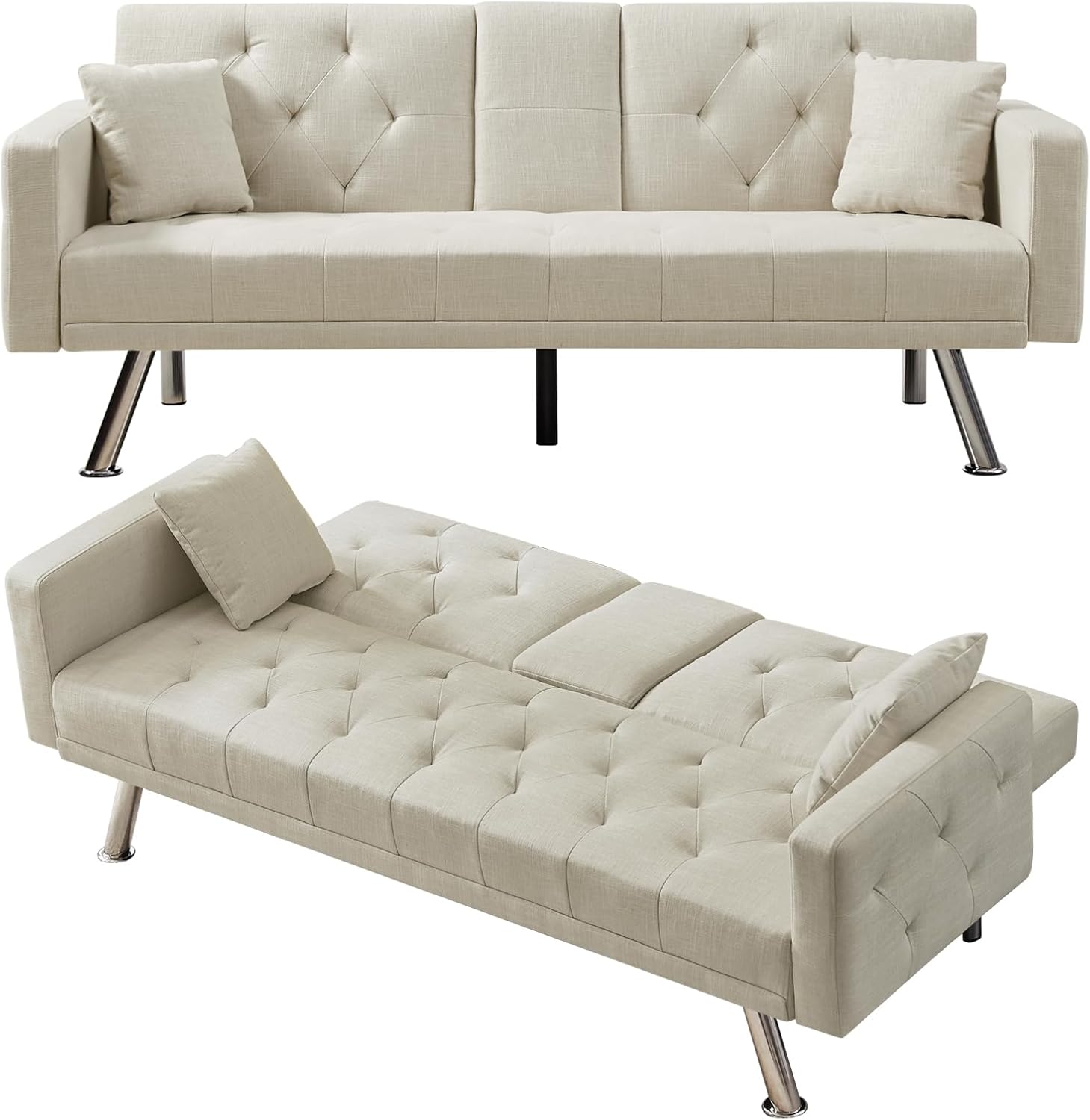 Convertible Sofa Bed 75.6 inch with Cup Holder/Armrest/Adjustable Backrest/Linen Sleeper Reclining Couch Loveseat for Living Room,Airbnb, Beige