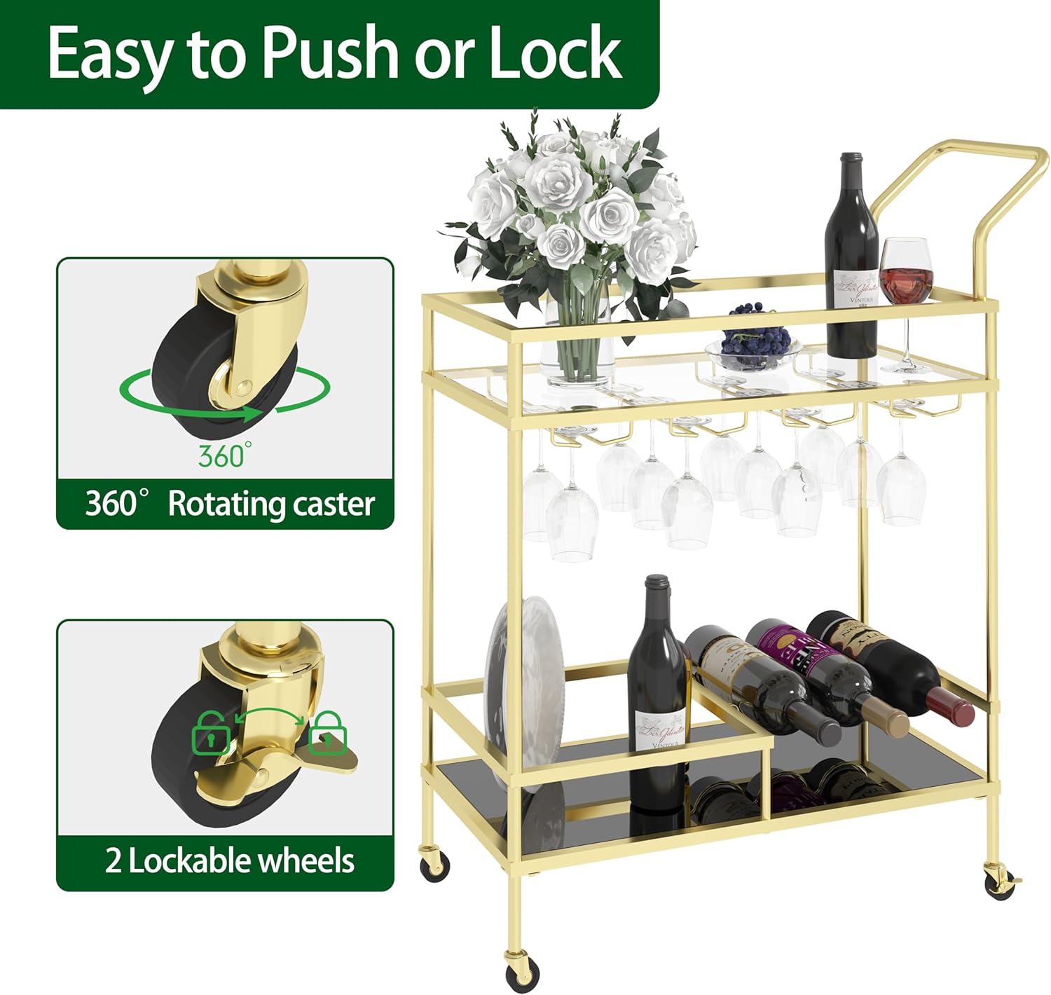 Gold-Bar-Cart with 2 Tiers Glass Holders & Wine Racks, Home-Bar-Serving-Cart - for Kitchen, Metal Liquor Beverage Cart on Lockable Wheels