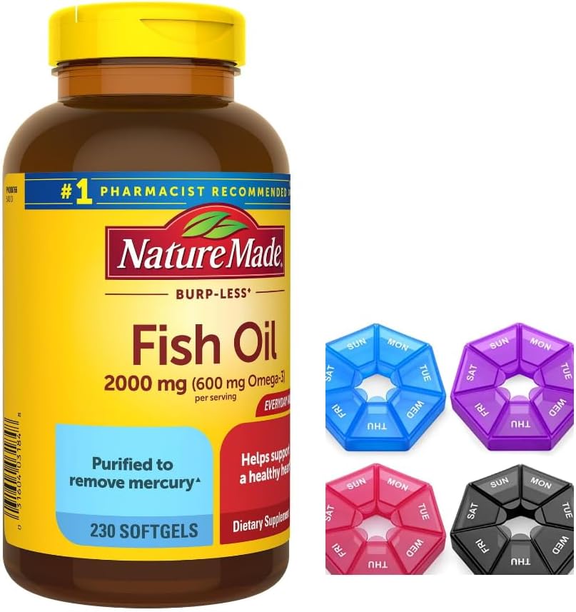 Nature Made Burp Less Fish Oil 2000 mg Per Serving Softgels, Omega 3 Fish Oil Supplements, 230 Count,includes Weekly Pill Organizer (1)
