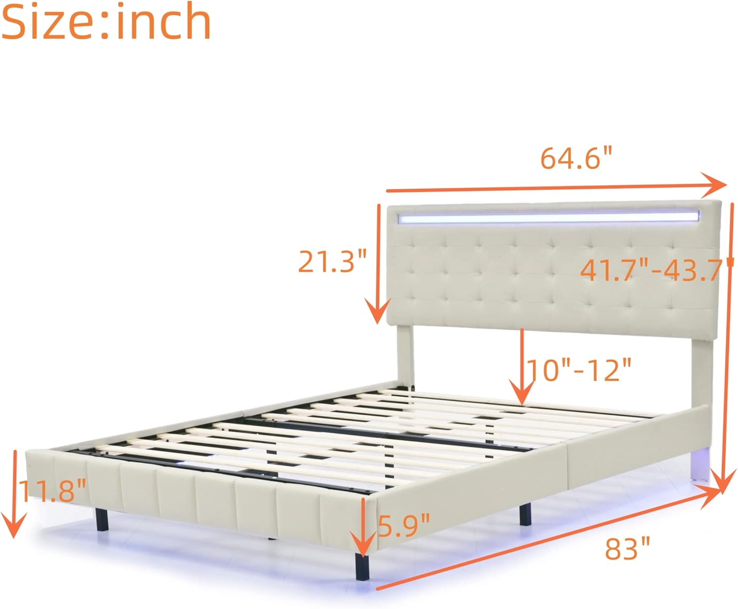 Floating Bed Frame Queen Size with LED Lights, USB Charging Station, Modern Metal Platform Bed, Upholstered Headboard, No Box Spring Needed, Noise Free, Easy Assembly