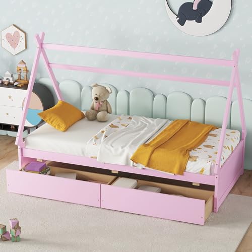 Twin Size House Platform Bed with Two Drawers Headboard and Footboard Wood Daybed Frame Bedroom Furniture for Girls BoysKids, No Box Spring Needed,Pink