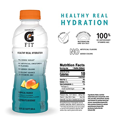 Gatorade Fit Electrolyte Beverage, Healthy Real Hydration, Tropical Mango, 16.9.oz Bottles (12 Pack)