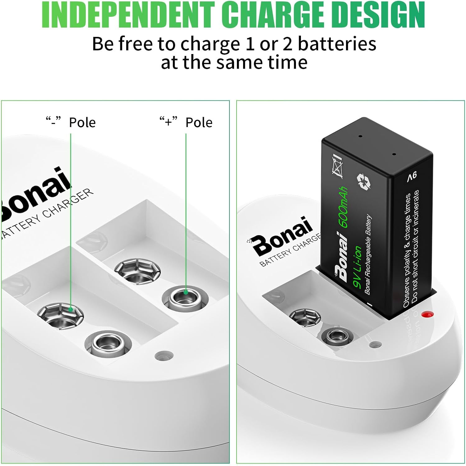 BONAI 6F22 9 Volt Rechargeable Battery(4 Pack) 600mAh Li-ion Rechargeable 9v Batteries with Charger(2 Bay) High Capacity