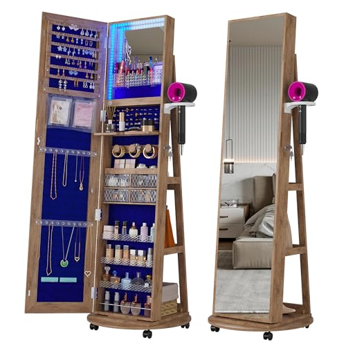 HNEBC 360° Swivel Jewelry Armoire with Mirror, LED Mirror Jewelry Cabinet Standing, Full Length Mirror with Jewelry Storage, Standing Jewelry Organizer/Lockable Wheels/Foldable Makeup Shelf (A-White)