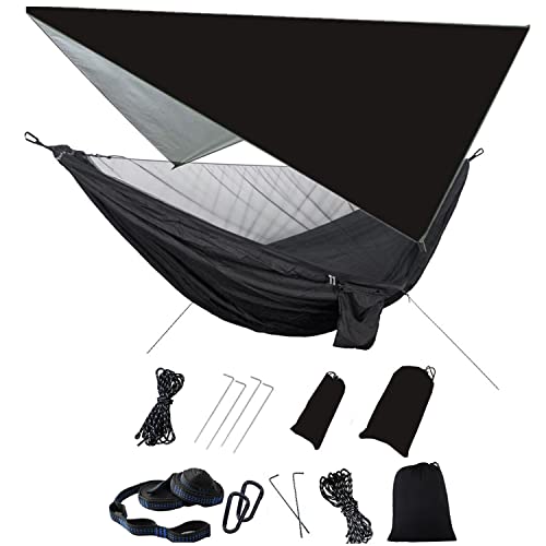 Camping Hammock with Rain Fly Tarp Mosquito Net amaca Heavy Duty Tree Straps Portable Double Parachute Hammock Tent Waterproof Rainfly Set for Camping Hiking Backyard Outdoor Backpacking Travel
