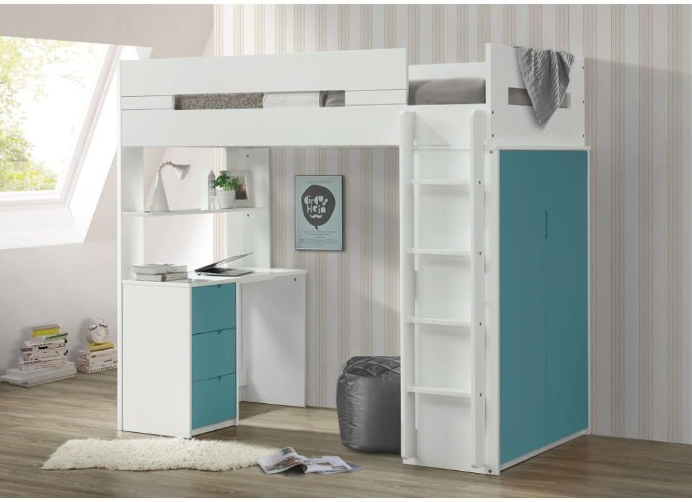 Acme Nerice Twin Storage Loft Bed in White and Teal