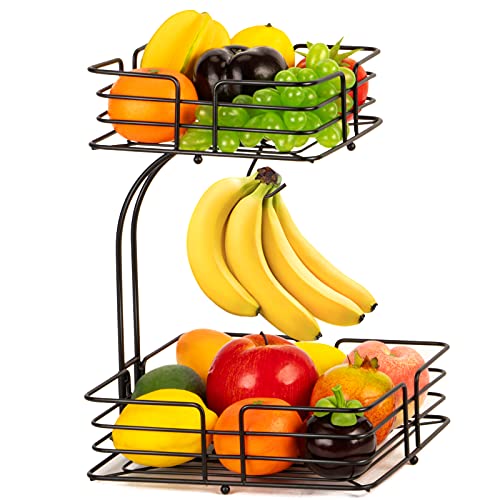 AULEDIO 2-Tier Square Countertop Fruit Vegetables Basket Bowl Storage With Banana Hanger,Sliver