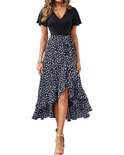 BTFBM Women Maxi Summer Dresses 2024 Short Sleeve V Neck Boho Floral Print Belted High Low Ruffle Cocktail Party Dress