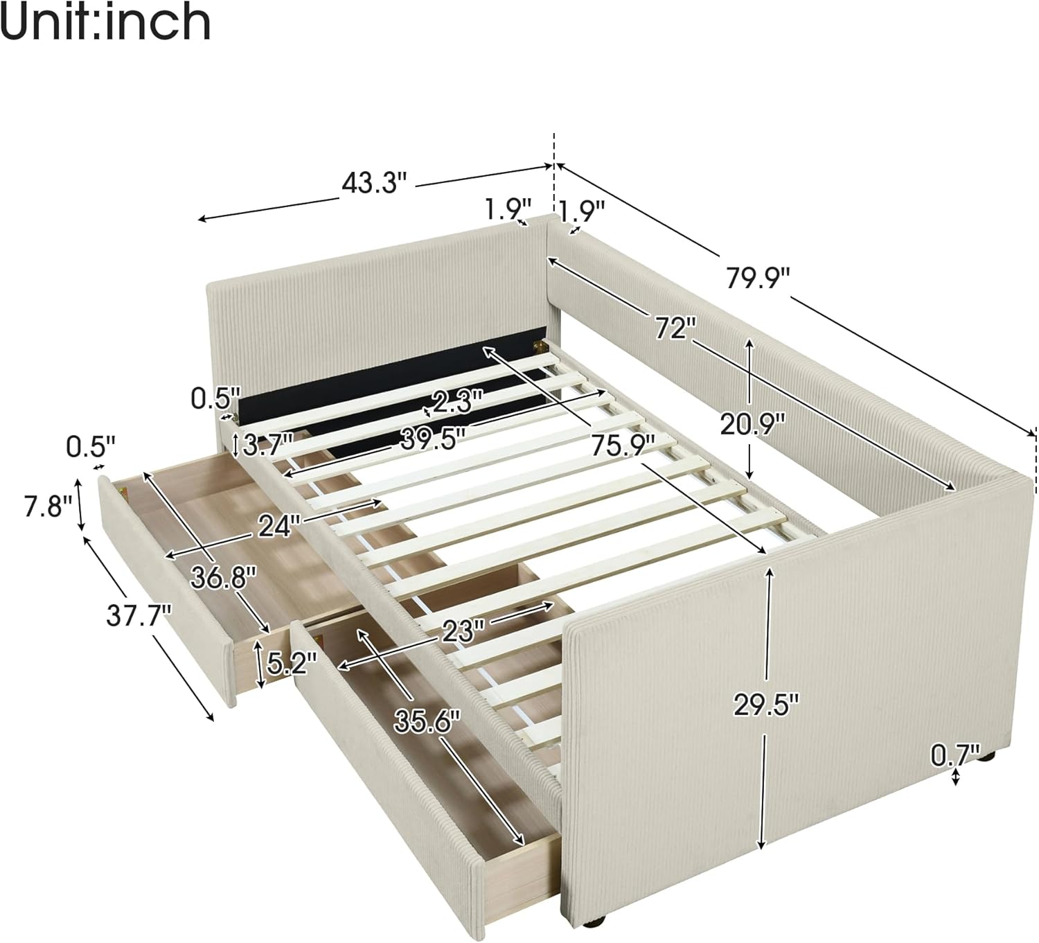 Twin Size Corduroy Pholstered Daybed with Two Drawers,Storage Sofa Bed Frame,W/Wood Slat Support,No Box Spring Needed,for Living Room Bedroom Apartment,Beige