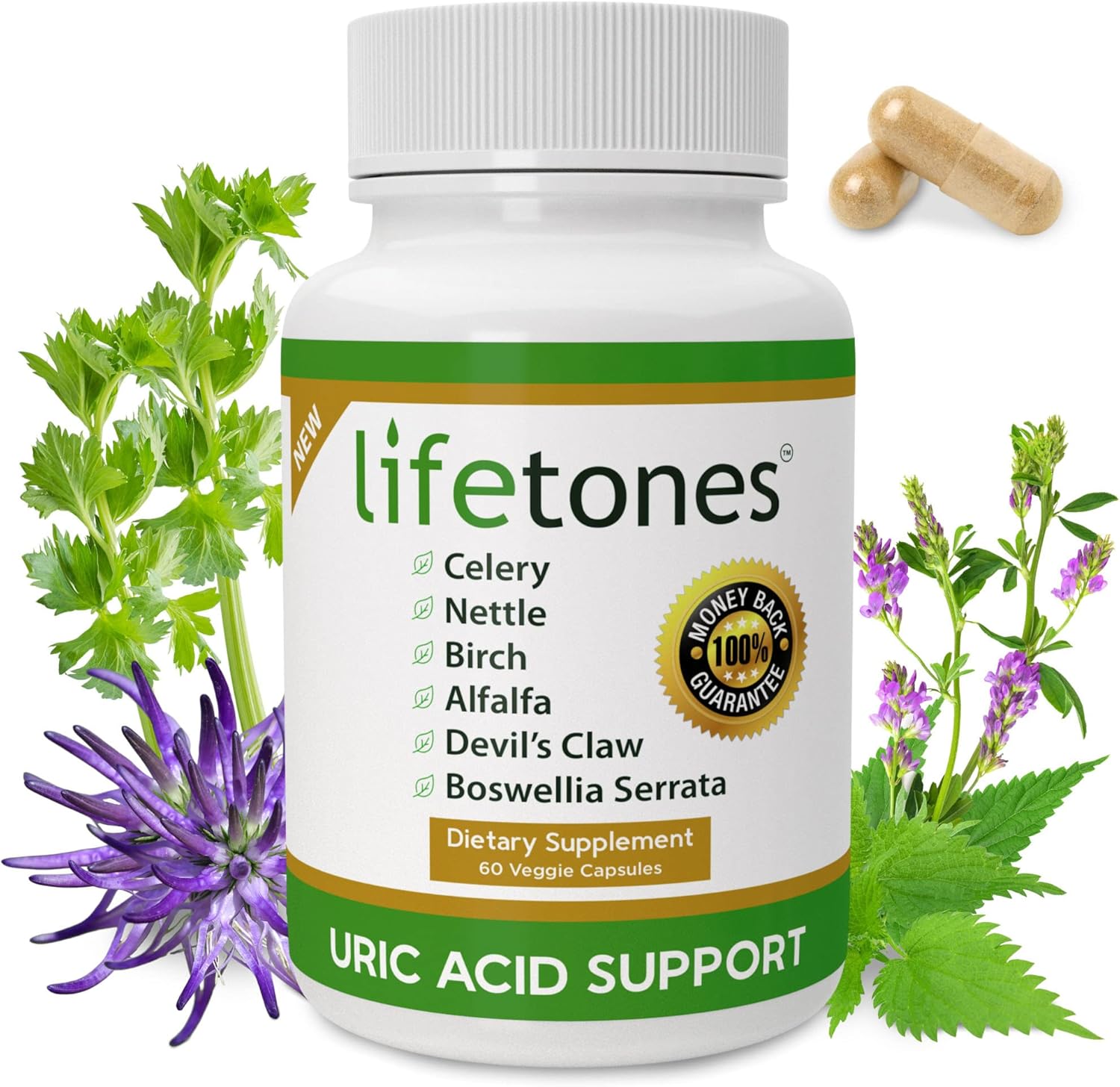 Lifetones Uric Acid Support - Herbal Joint Cleanse for Men and Women - Natural Remedy, Flexibility Boost - Non-GMO, Gluten-Free - 60 Vegan Vitamins