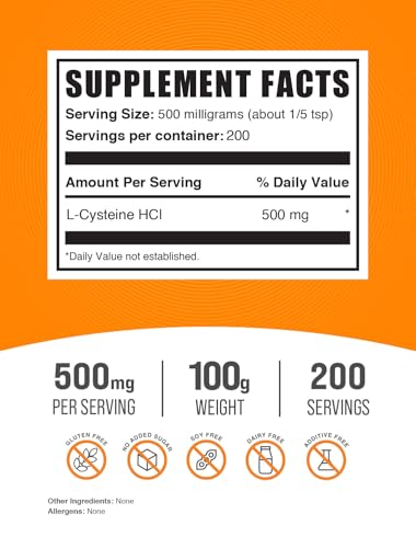 BulkSupplements.com L-Cysteine HCl Powder - L-Cysteine Supplement, L-Cysteine 500 mg, Cysteine Amino Acid Supplement - Gluten Free, 500mg per Serving, 500g (1.1 lbs) (Pack of 1)